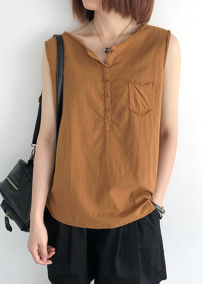Orange Linen Tops O-neck Pocket Sleeveless