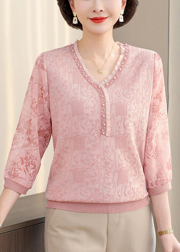 Pink V Neck Nail Bead Patchwork Knit T Shirt Half Sleeve