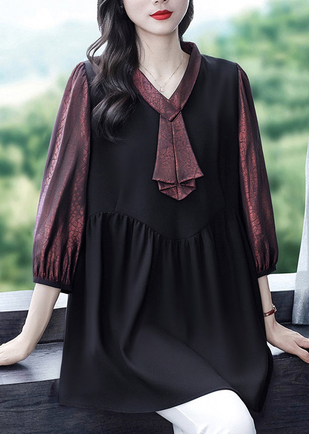 Dull Red Heart Neck Patchwork Fake Two Piece Shirt Bracelet Sleeve