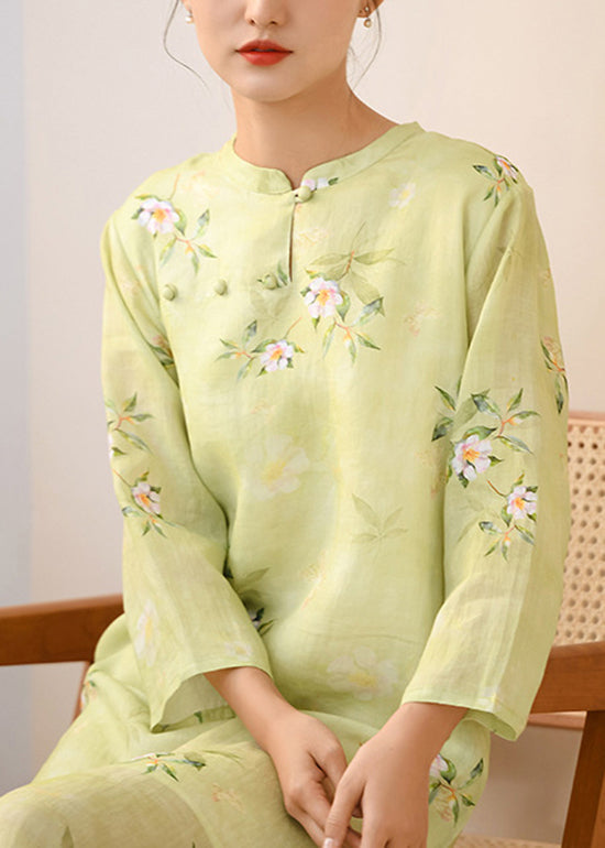 Green Stand Collar Print Linen Dresses Spring