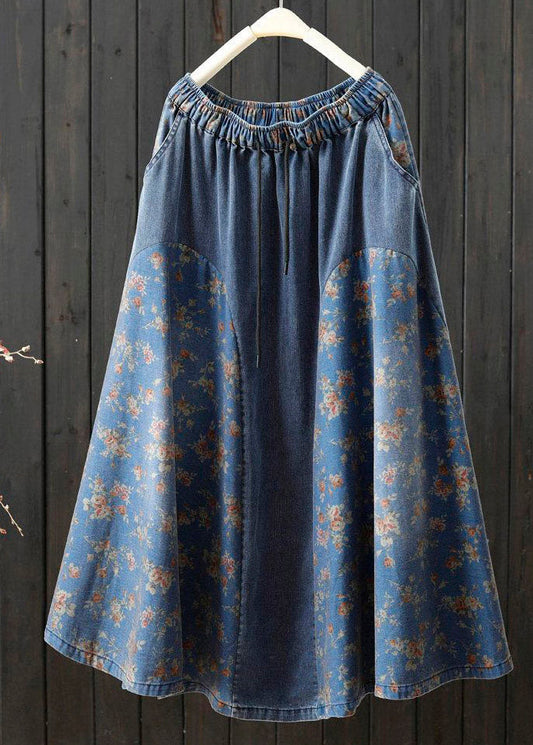 Denim Light Blue Print High Waist a Line Skirt Summer