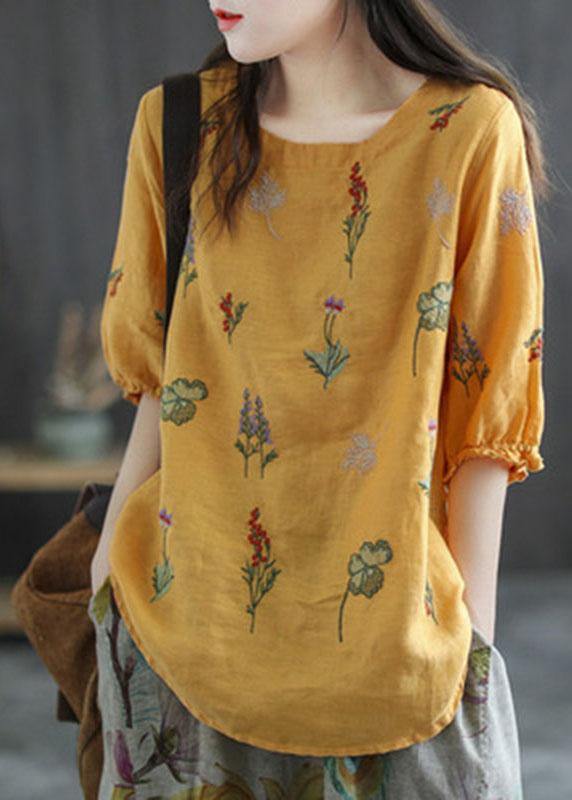 Pink Embroidered O-neck Half Sleeve Ramie Blouses Summer