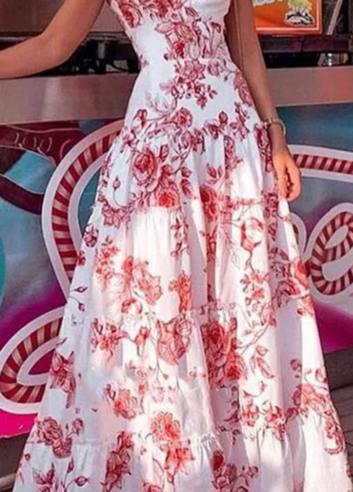 New Red Ruffled Print Cotton Spaghetti Strap Dress Summer