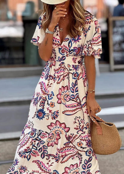 V Neck Print Cotton Long Dresses Butterfly Sleeve