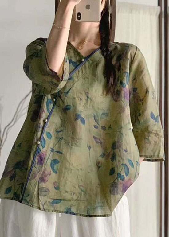 Navy V Neck Print Patchwork Linen Blouse Tops Summer