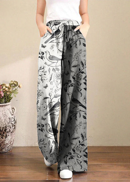 French Orange Flower Elastic Waist Pockets Linen Wide Leg Pants Summer