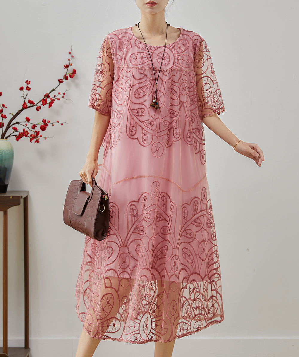 Pink Embroidered Tulle Ankle Dress Summer