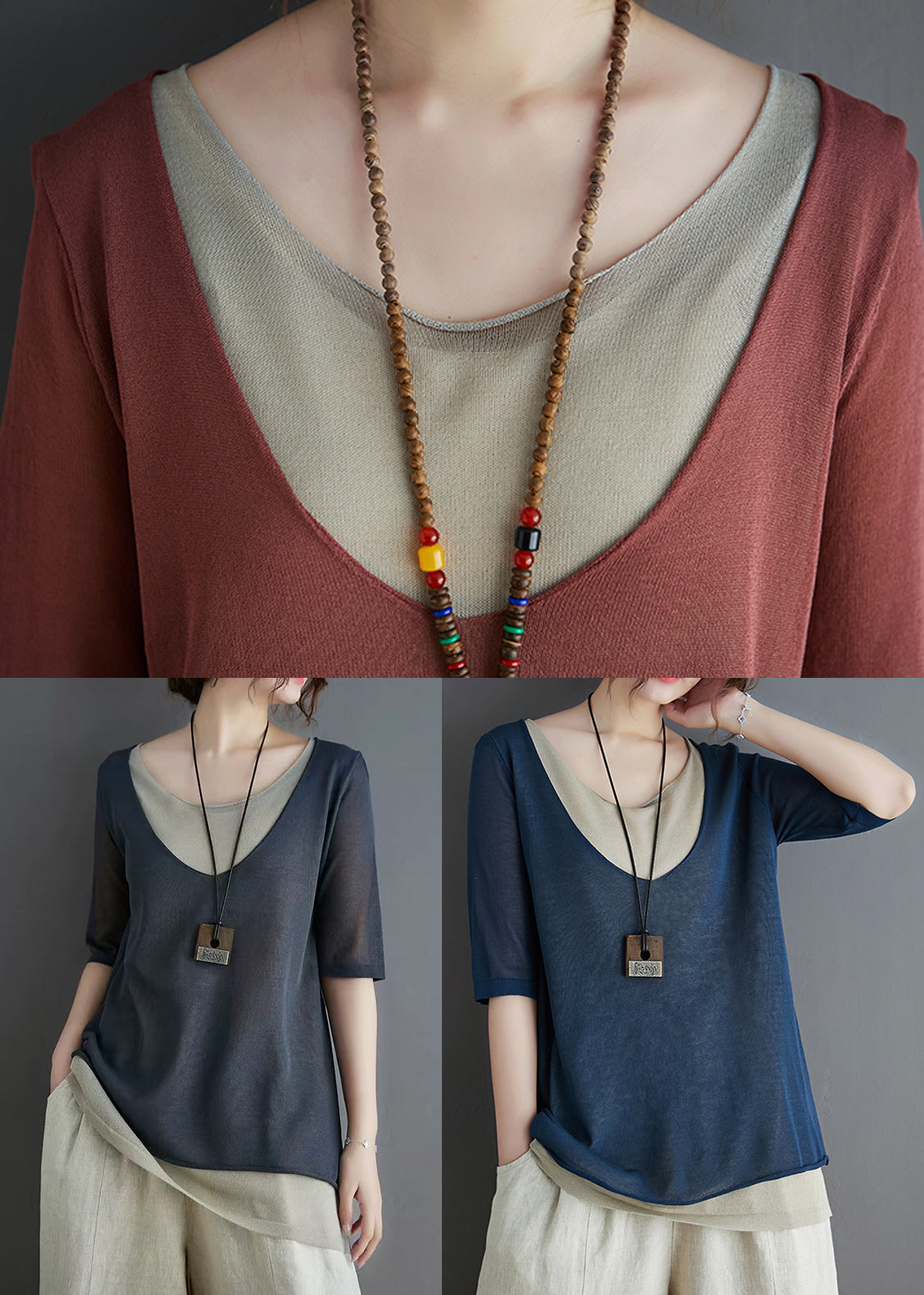 Stylish Navy Patchwork Knit Fake Two Piece Tops Summer