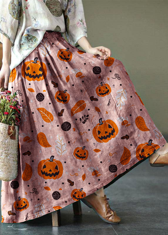 Brown-tree Print Ramie Elastic Waist Skirt