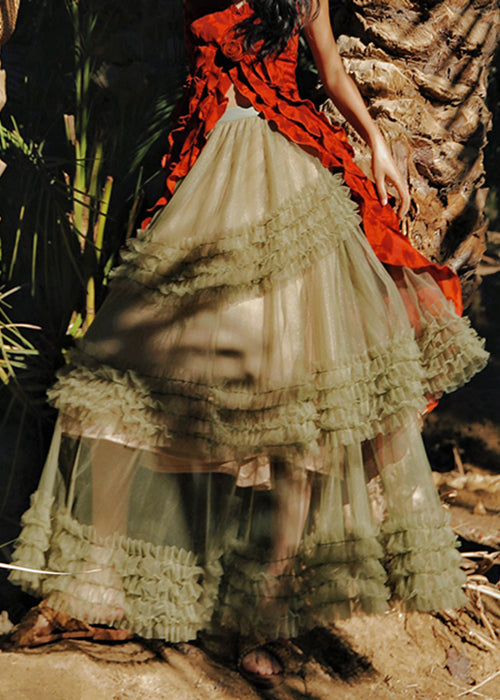 New Green Ruffled Elastic Waist Tulle a Line Skirts Summer