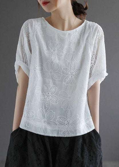 White O-neck Hollow Out Summer Retro Half Sleeve Top