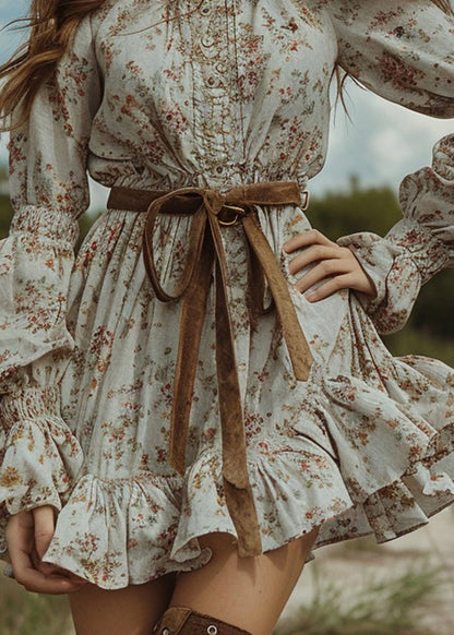 Pastoral Style Ruffled Mini Dresses Long Sleeve