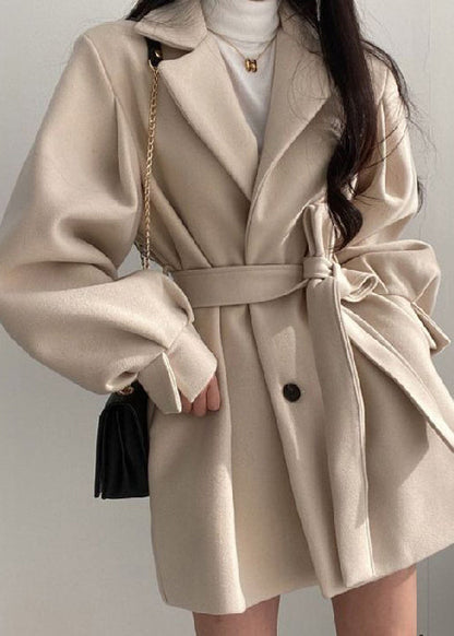 Style Black Peter Pan Collar Tie Waist Woolen Coat Lantern Sleeve