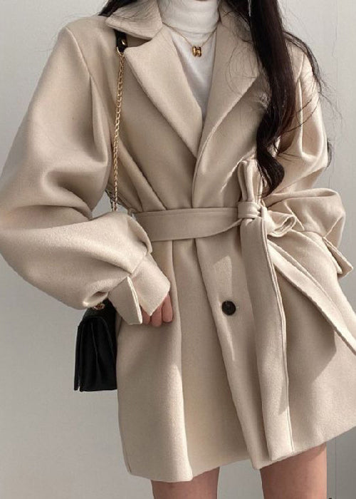 Style Black Peter Pan Collar Tie Waist Woolen Coat Lantern Sleeve