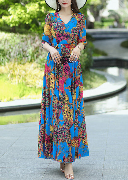 Blue V Neck Print Lace Up Chiffon Dress Summer