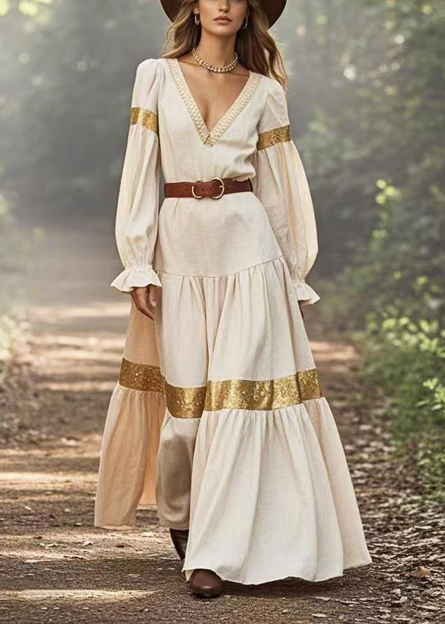 White V Neck Patchwork Exra Large Hem Vacation Dress Spring