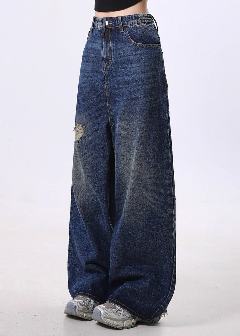 Navy Oversized Denim Ripped Jeans Pants Spring