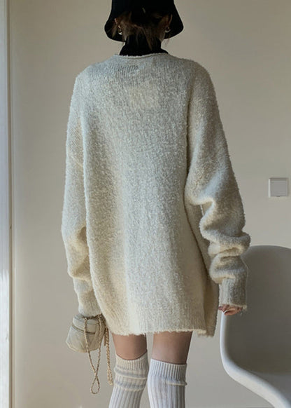 White Cozy Knit Winter Two Pieces Set V Neck