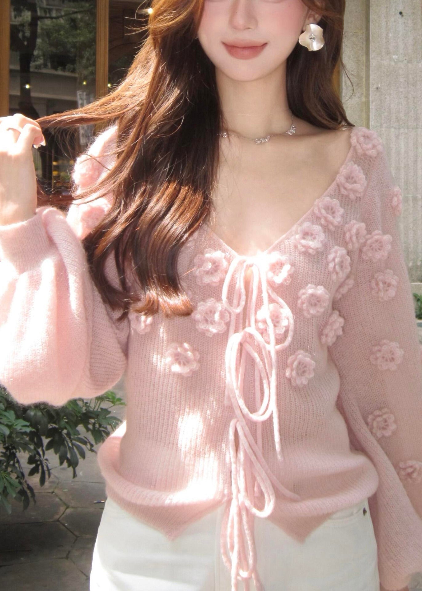 Pink V Neck Lace Up Knit Short Sweater Fall