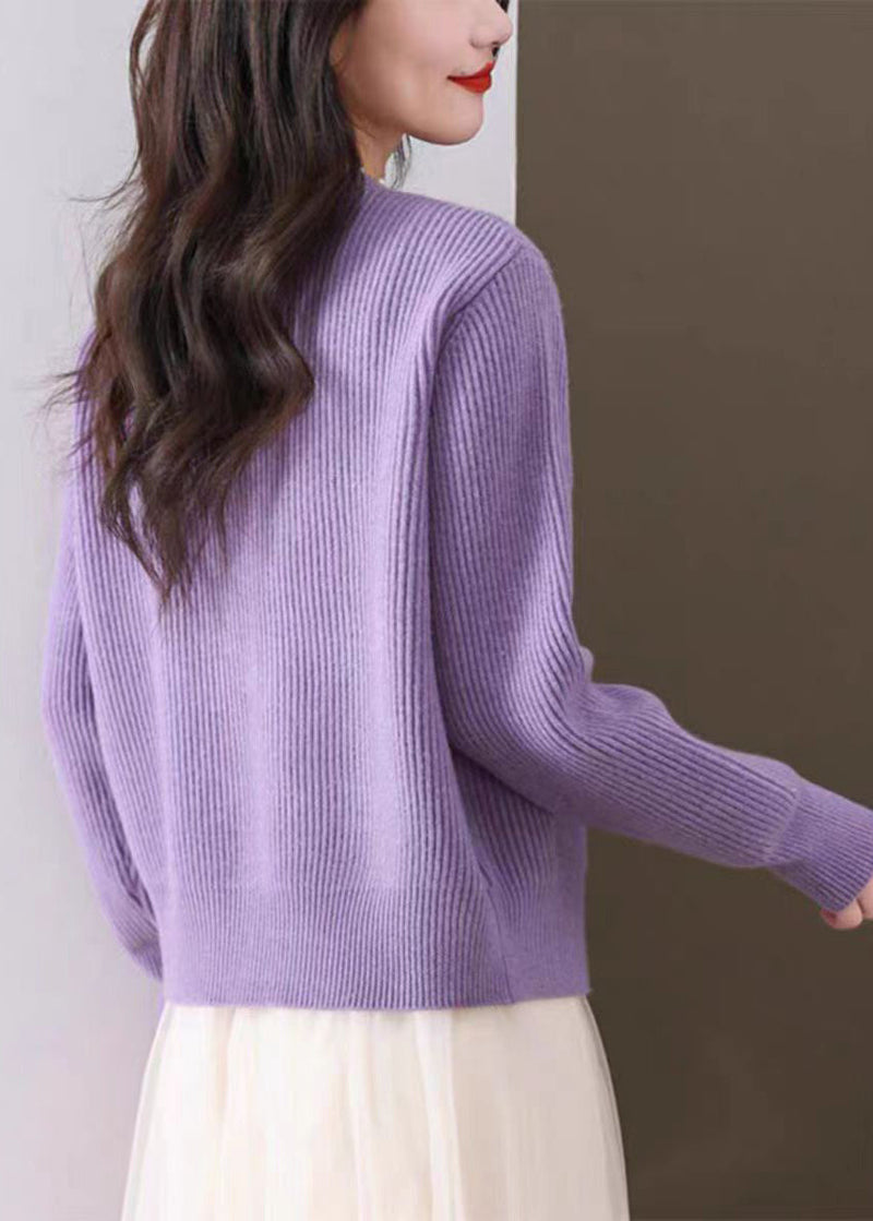 Purple Nail Bead Knit Fall Cardigan O Neck