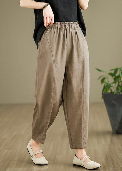 Camel Pockets Elastic Waist Cotton Pants Fall