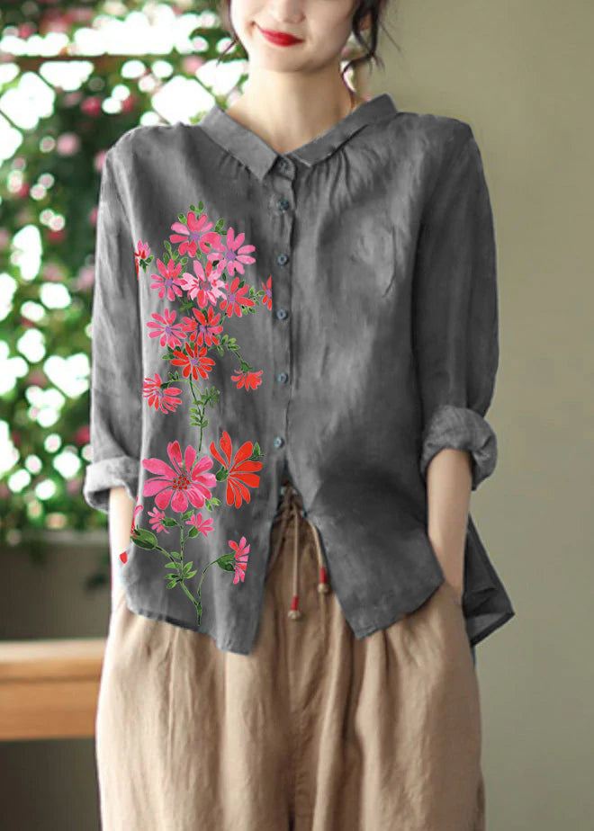 Retro Peacock Purple Peter Pan Collar Print Button Wrinkled Shirts Long Sleeve