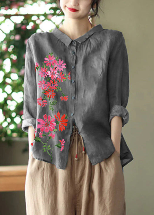 Retro Peacock Grey Peter Pan Collar Print Button Wrinkled Shirts Long Sleeve