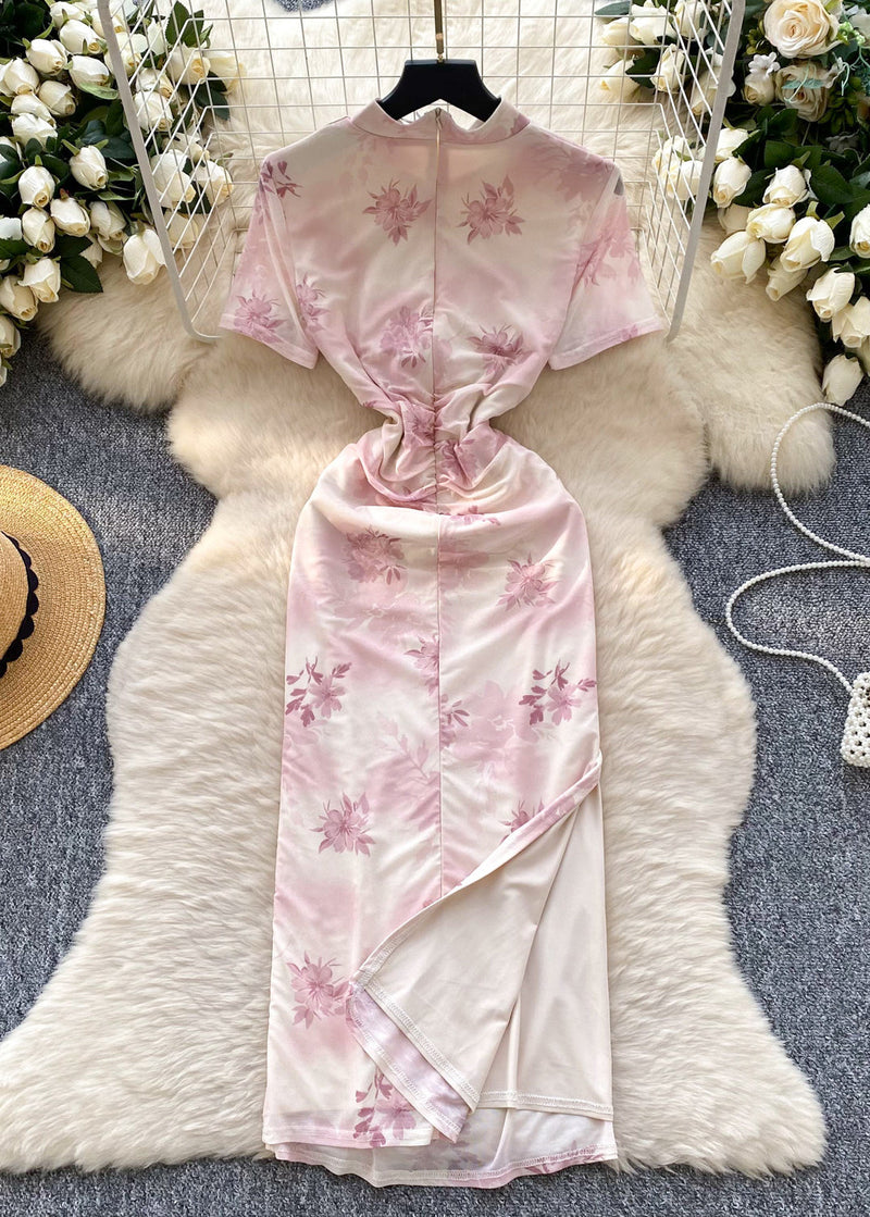 Pink Print Cotton Cheongsam Dress Summer