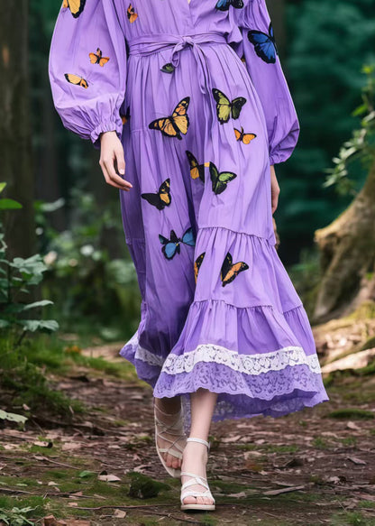 Lavender Tie Waist Butterfly Cotton Vacation Dress Spring