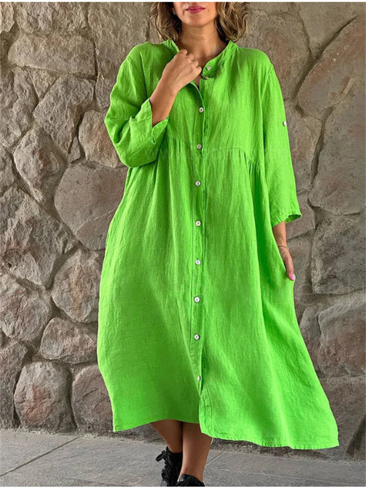 New Seven-quarter Sleeve Cotton and Linen Color Collar Buttons Long Dresses