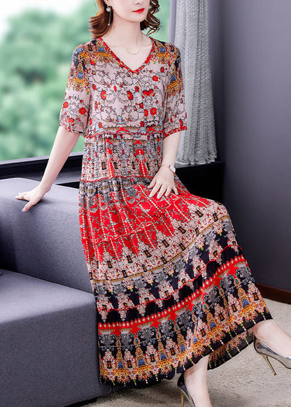 Red V Neck Print Draping Chiffon Long Dresses Short Sleeve