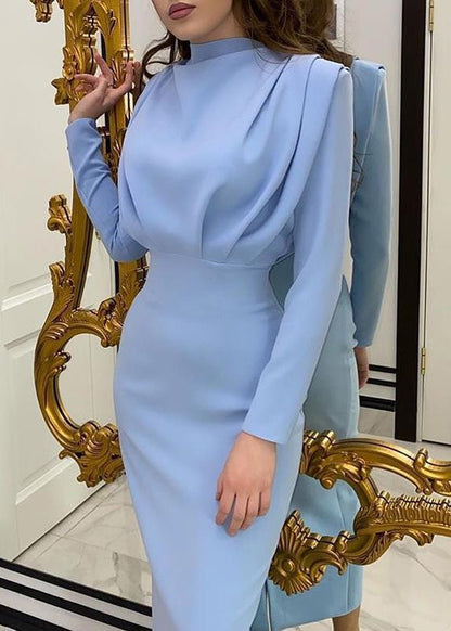 Light Blue Wrinkled Patchwork Slim Fit Dress Fall