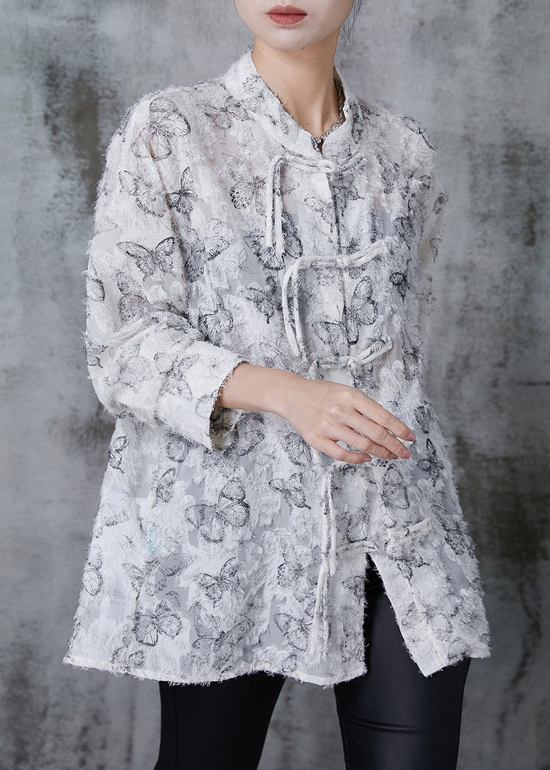 White Tasseled Butterfly Chiffon Shirt Fall