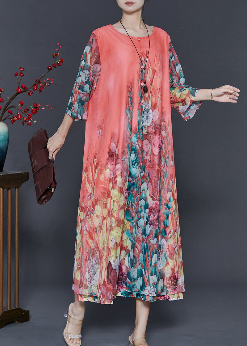 Diy Pink Oversized Print Chiffon Long Dress Bracelet Sleeve