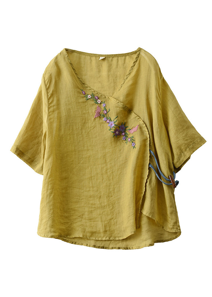Unique Yellow V Neck Embroidered Linen T Shirt Half Sleeve