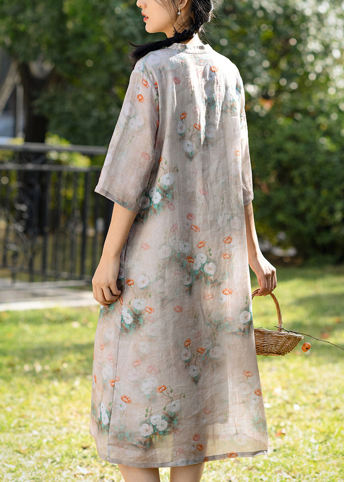 Green Stand Collar Print Linen Dress Summer