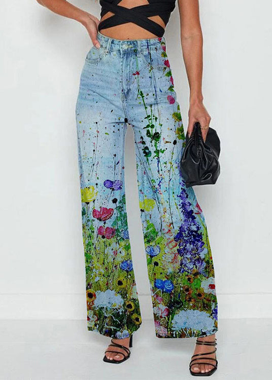 French Light Blue Print High Waist Crop Pants Spring