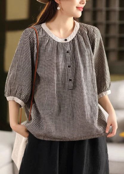 Brown Plaid Linen Top Oversized Half Sleeve