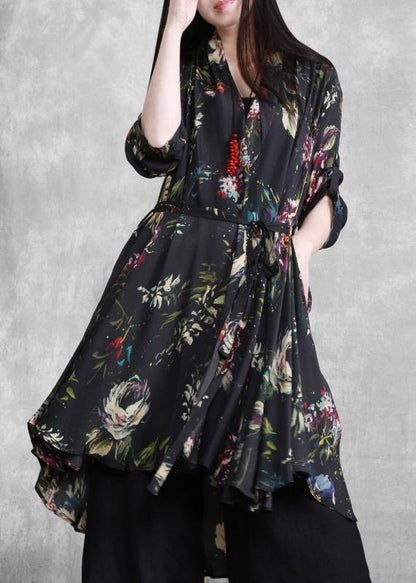 Organic Black Print Clothes Tie Waist Cardigan Coat