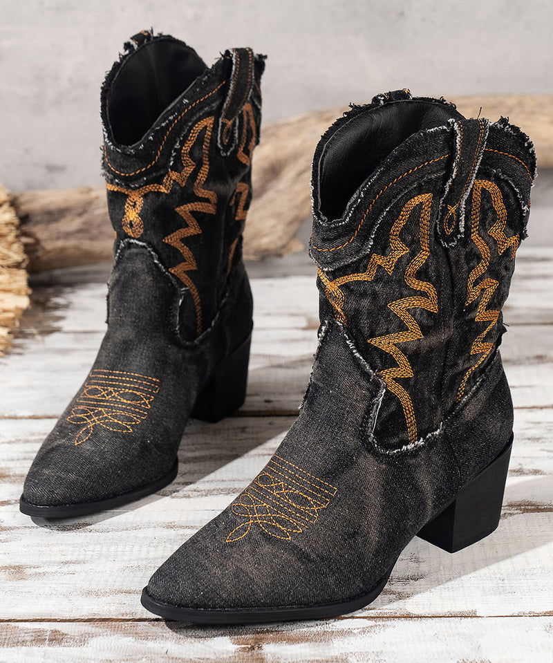 Black Embossed Boots Splicing Cowboy Chunky Boots