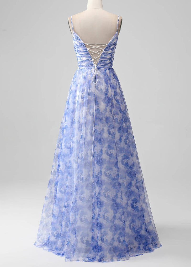 Blue Print Lace Up Chiffon Spaghetti Strap Dress Sleeveless