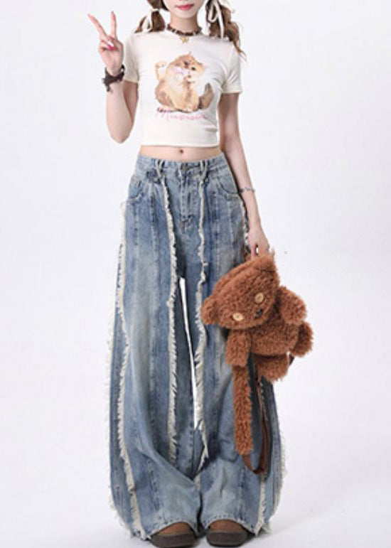 Blue Tasseled Patchwork Denim Straight Pants Spring