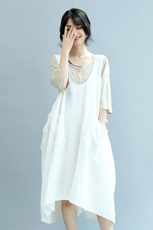 Summer Beige Linen Sleeveless Suspender Dresses