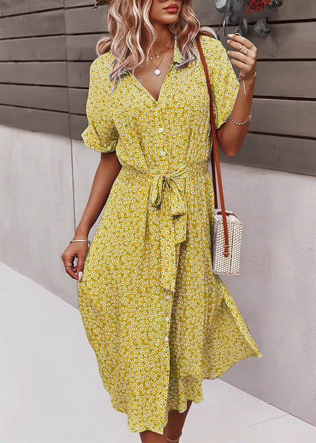 Green Peter Pan Collar Print Lace Up Cotton Dresses Summer