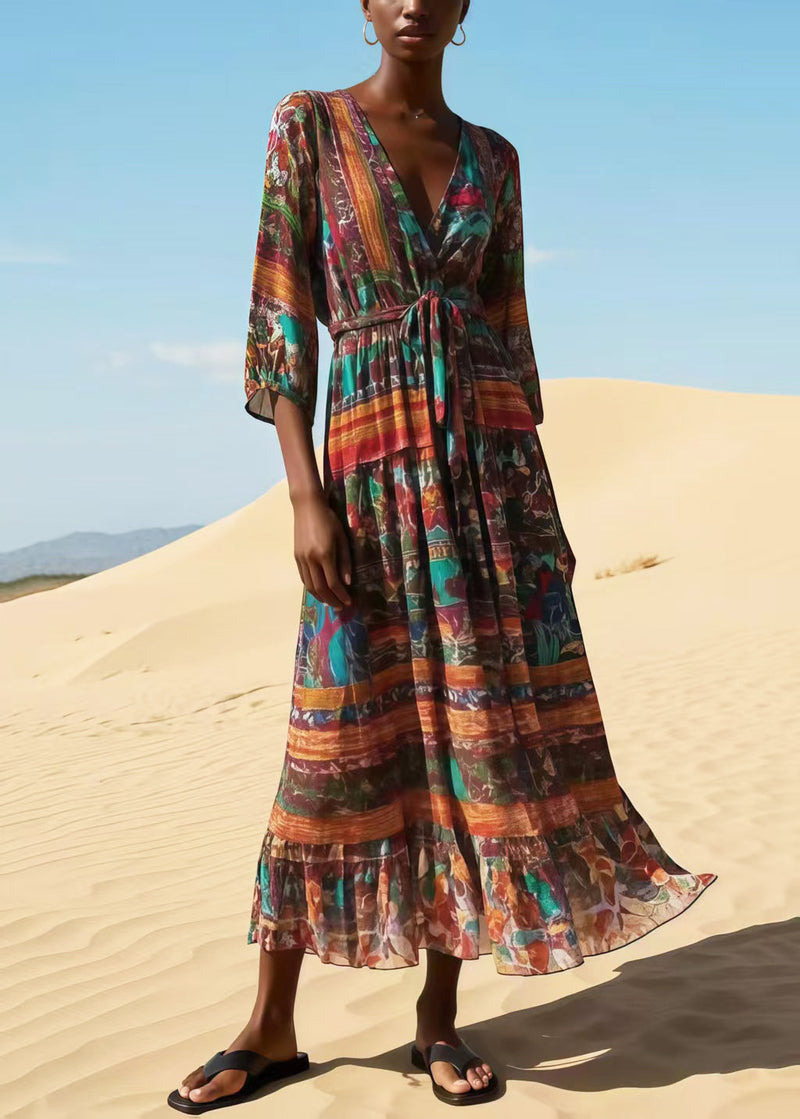 Chocolate Tie Waist Print Chiffon Dress Bracelet Sleeve