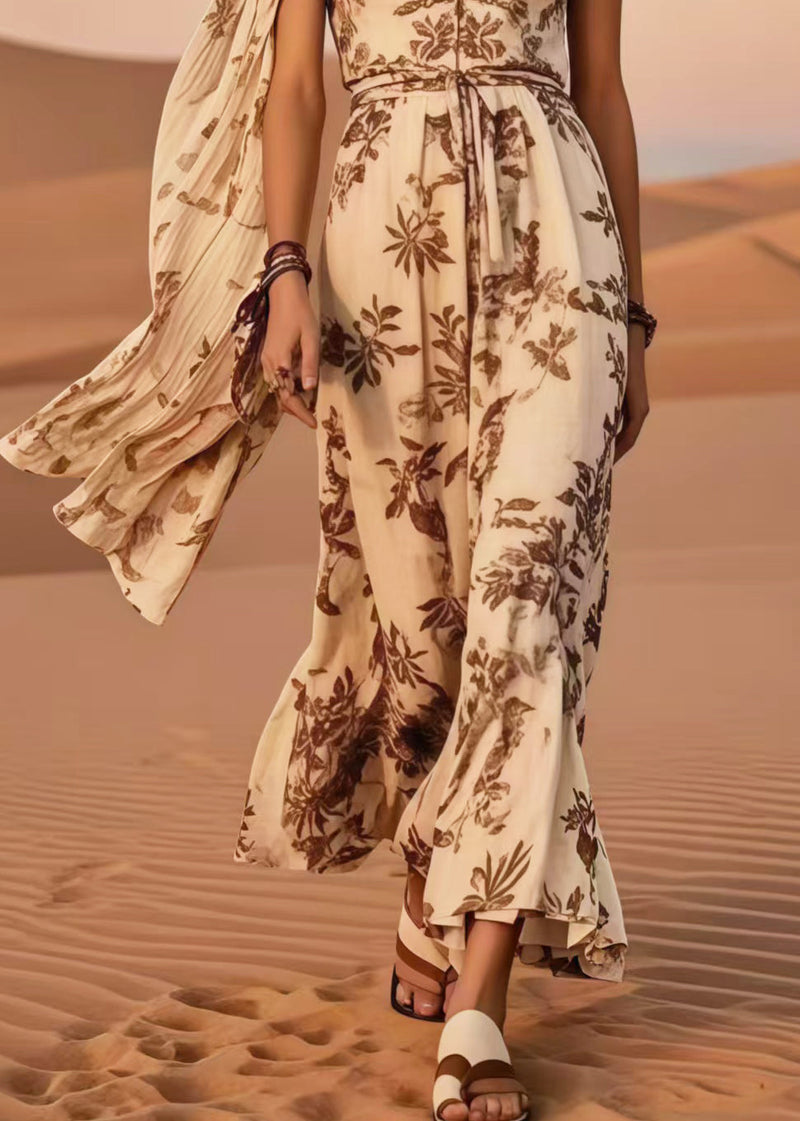 Khaki Asymmetrical Print Cotton Holiday Dresses Summer