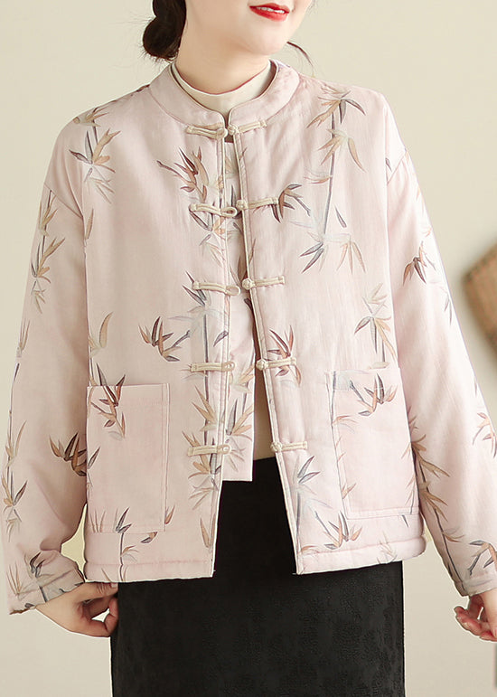Pink Stand Collar Button Print Thick Coats Winter