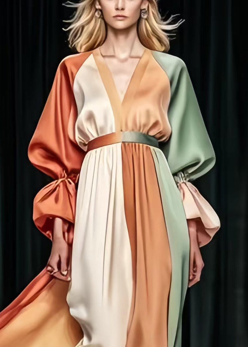 Khaki Cinched Patchwork Silk Vestidos Dress Spring