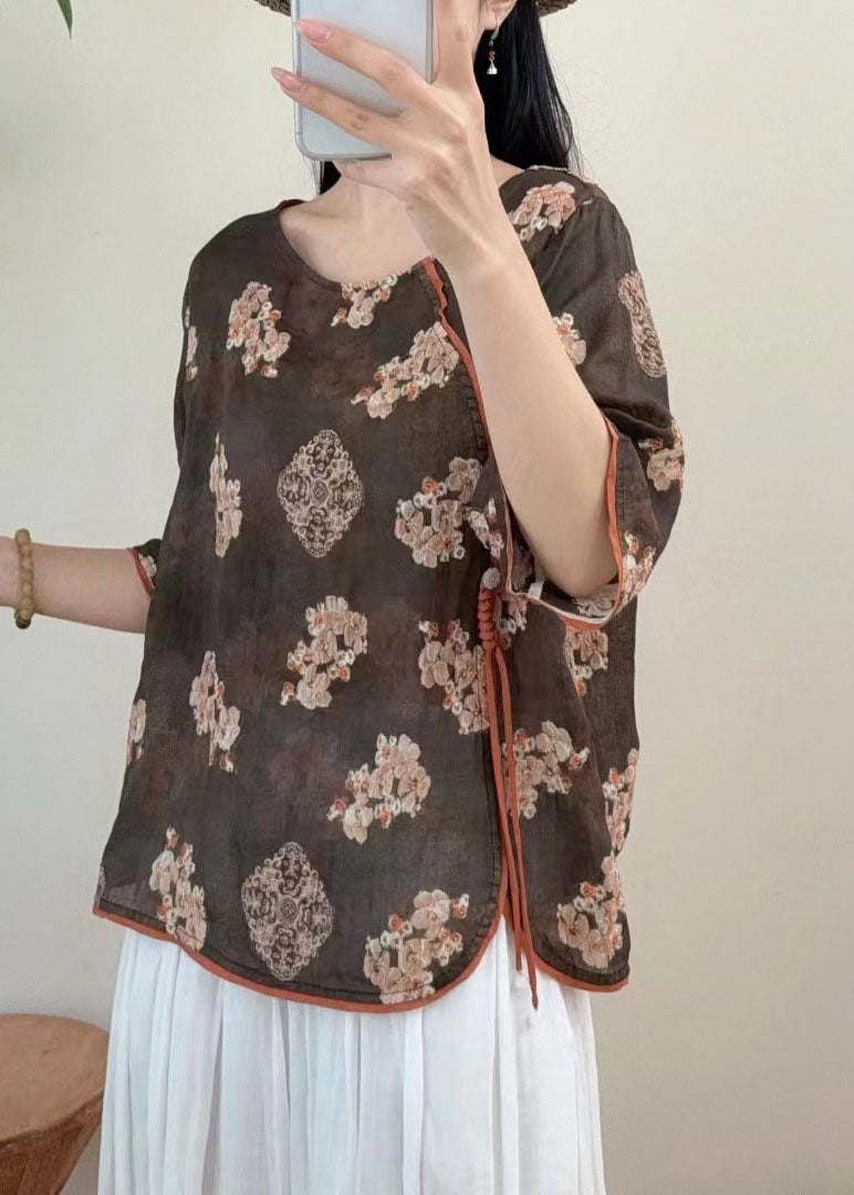 Red O Neck Embroidered Linen Blouse Tops Summer