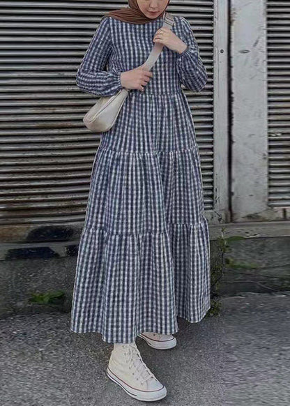 Simple Green Plaid Cotton Maxi Dresses Spring